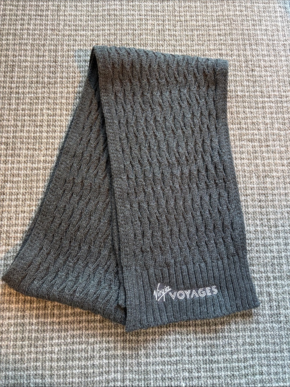 Virgin Voyages Embroidered beanie hat and Cable Knit Scarf- Charcoal Gray